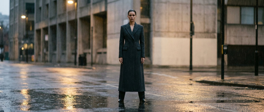 A solitary figure in a precisely tailored structured coat stands on a rain-wet city street at dusk, framed by soft amber light and blurred architectural forms.