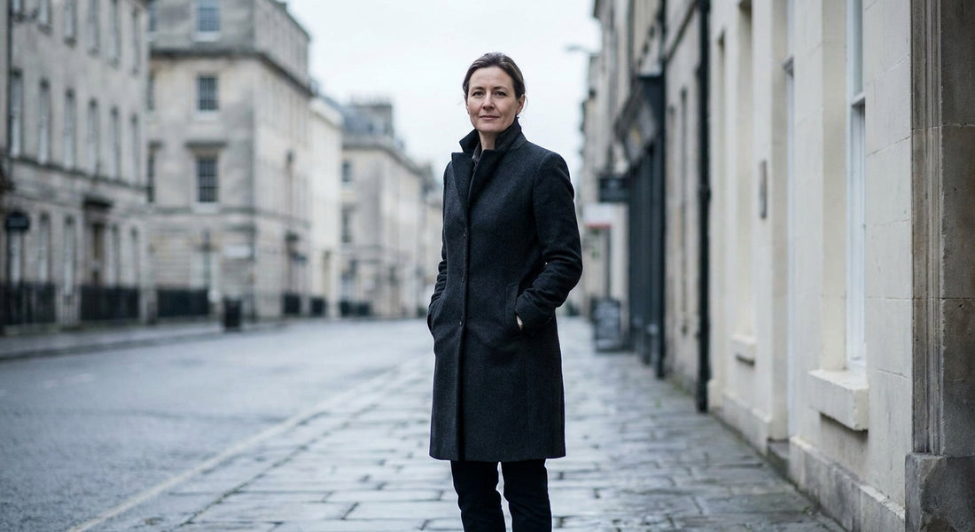 A stylishly dressed woman in a well-fitted long wool coat stands confidently on an urban sidewalk in soft natural light.