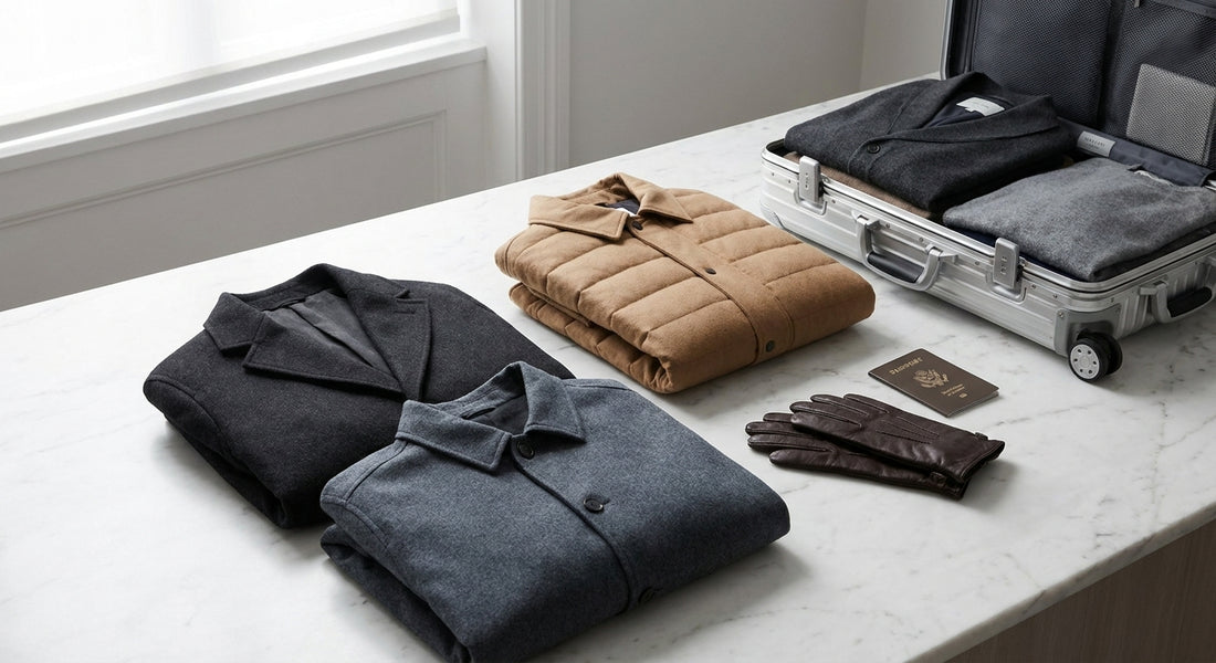 A minimalist flatlay of premium folded outerwear pieces in charcoal and camel tones arranged beside an open carry-on suitcase on a marble surface.