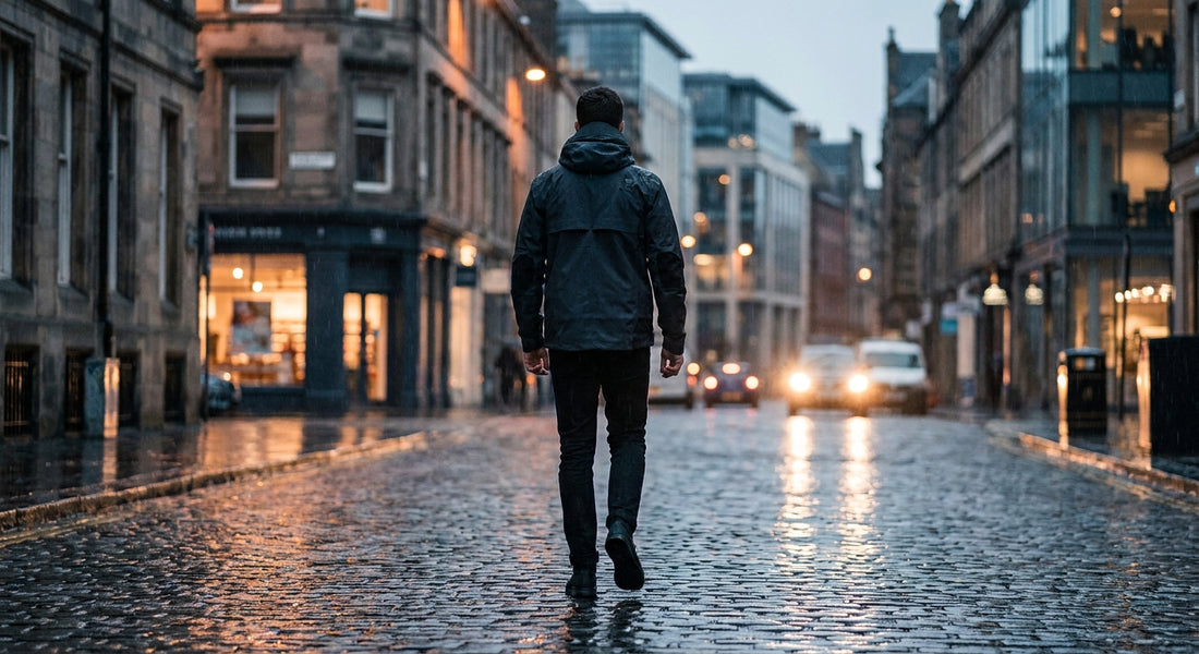 A stylishly dressed person in a sleek technical jacket walks confidently along a rain-slicked urban street at dusk, with city lights reflecting on the wet pavement.