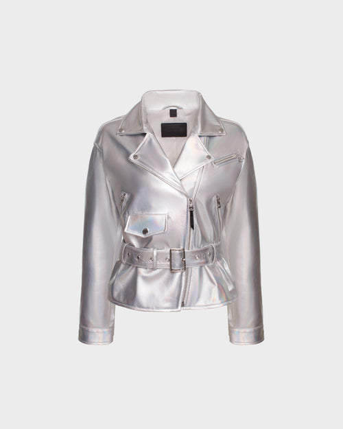 The ARIELLE - 8124052 Iridescent Cotton White biker jacket by Rudsak features a belted waist, zipper pockets, and a notched lapel collar, displayed on a plain light gray background.