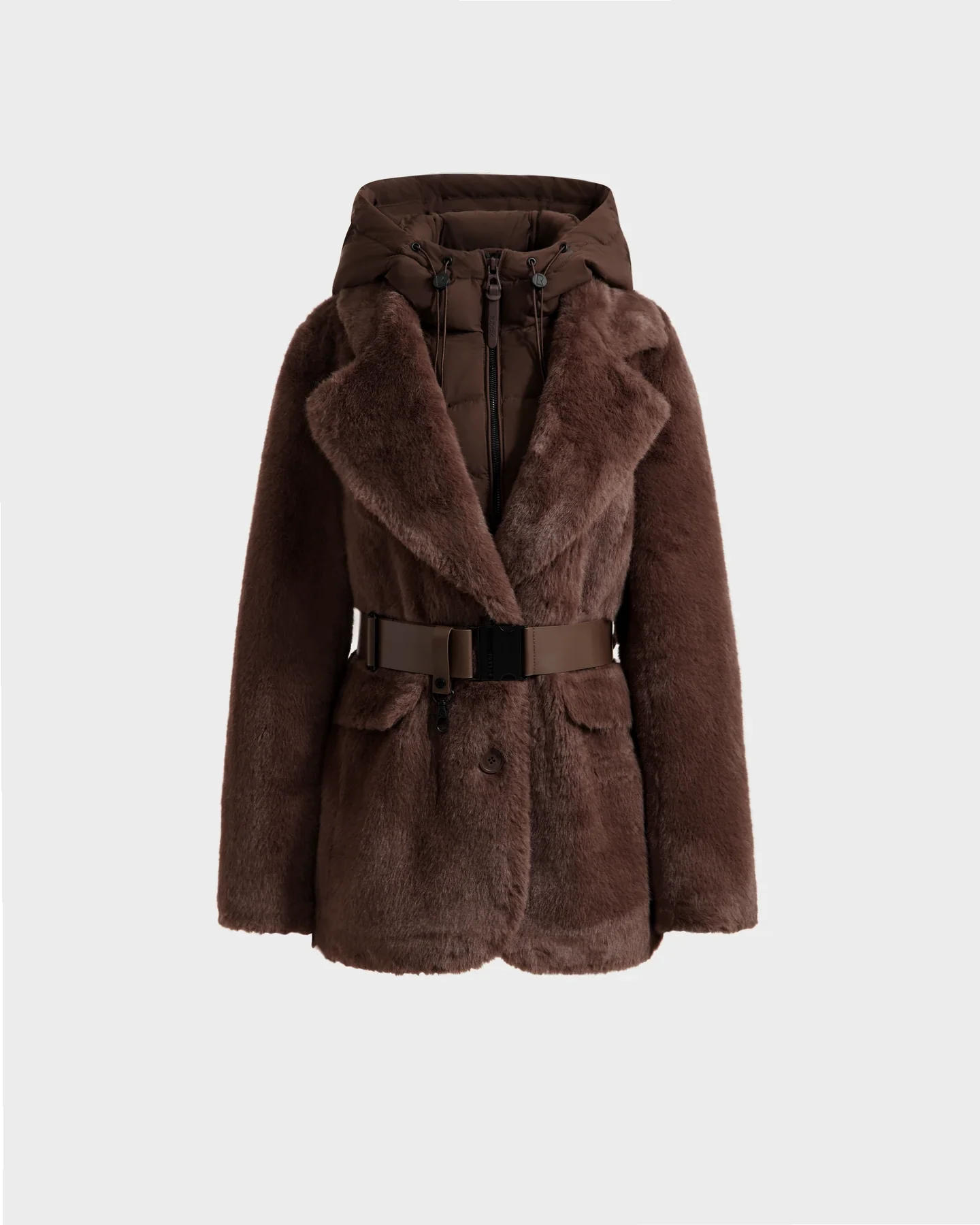 The Rudsak ASPEN F - 8125604 Mocha women’s faux fur jacket features a hood, wide lapels, belted waist, button closure, and front pockets—perfect for elevating your cold-weather style. Shown on a light gray background.
