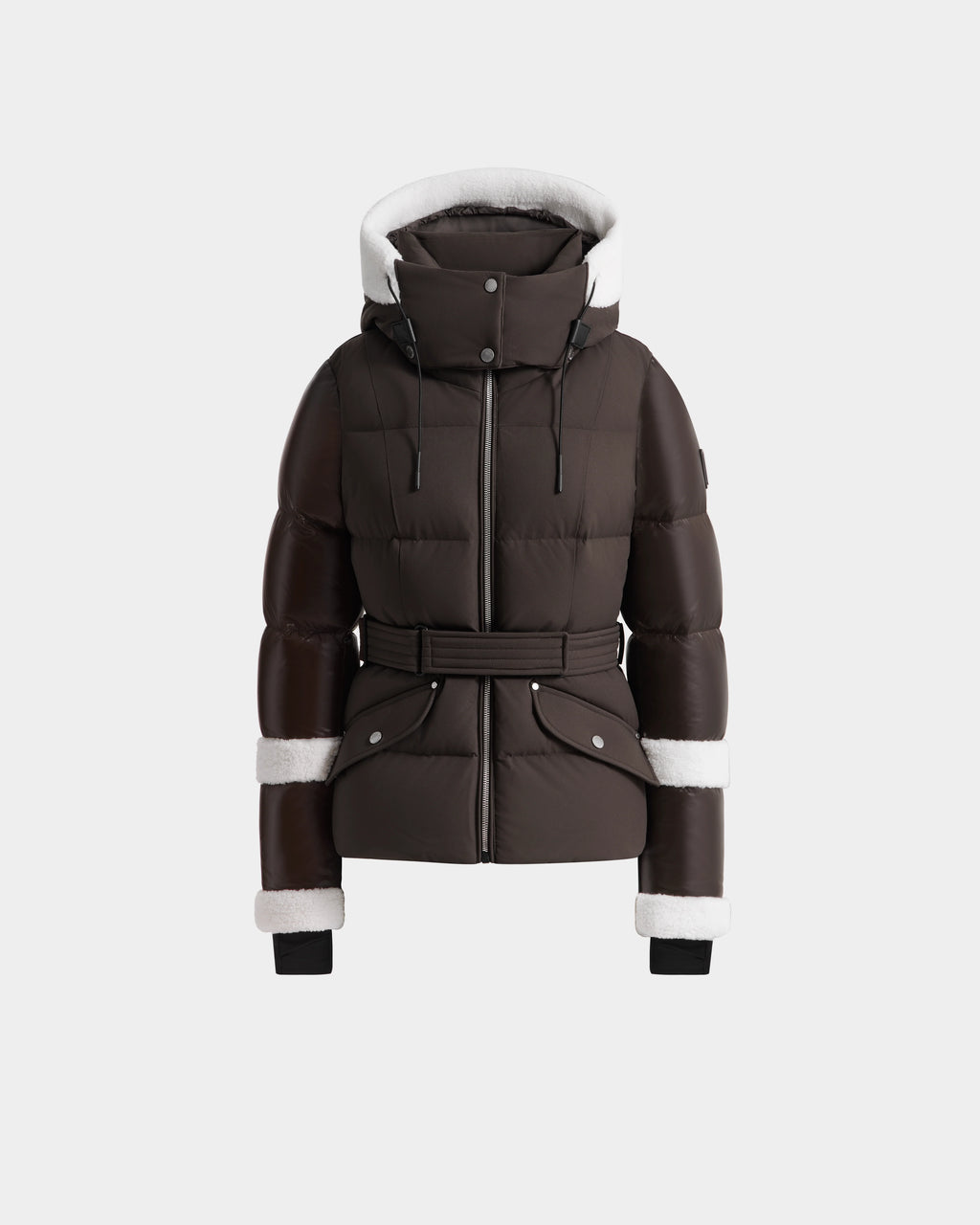 The Rudsak AUDREY - 8124582 Espresso is a dark brown down puffer jacket with a belted waist, white faux fur trim, front zipper closure, two snap pockets, and black ribbed wrist cuffs—crafted from recycled Stormshell fabric.