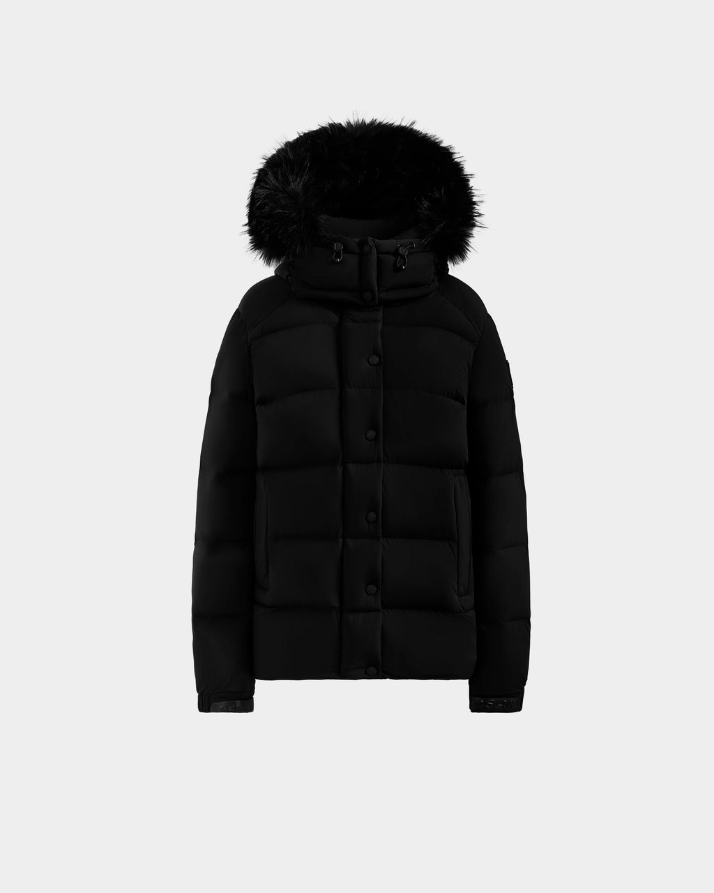 The Rudsak BREE M - L125582 Black women’s down puffer jacket features a removable black faux fur-trimmed hood, button and zipper closures, and is shown against a plain light background.