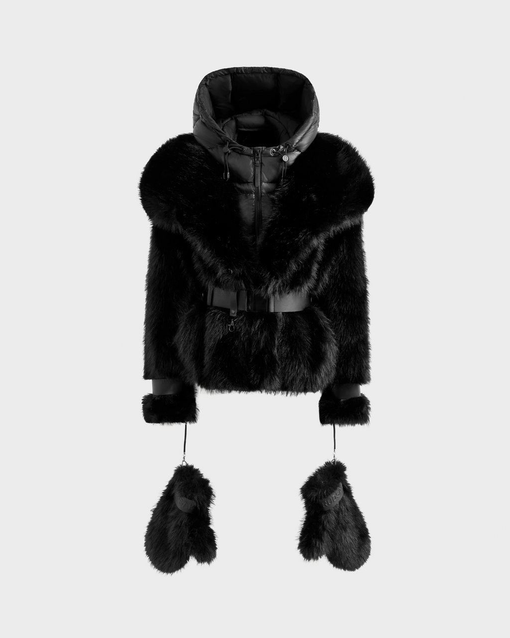 The CHLOE - 8125619 Black by Rudsak is a women's black faux fur jacket with a hood, belted waist, and matching fur mittens attached by cords—an elegant winter staple, shown on a plain light background.