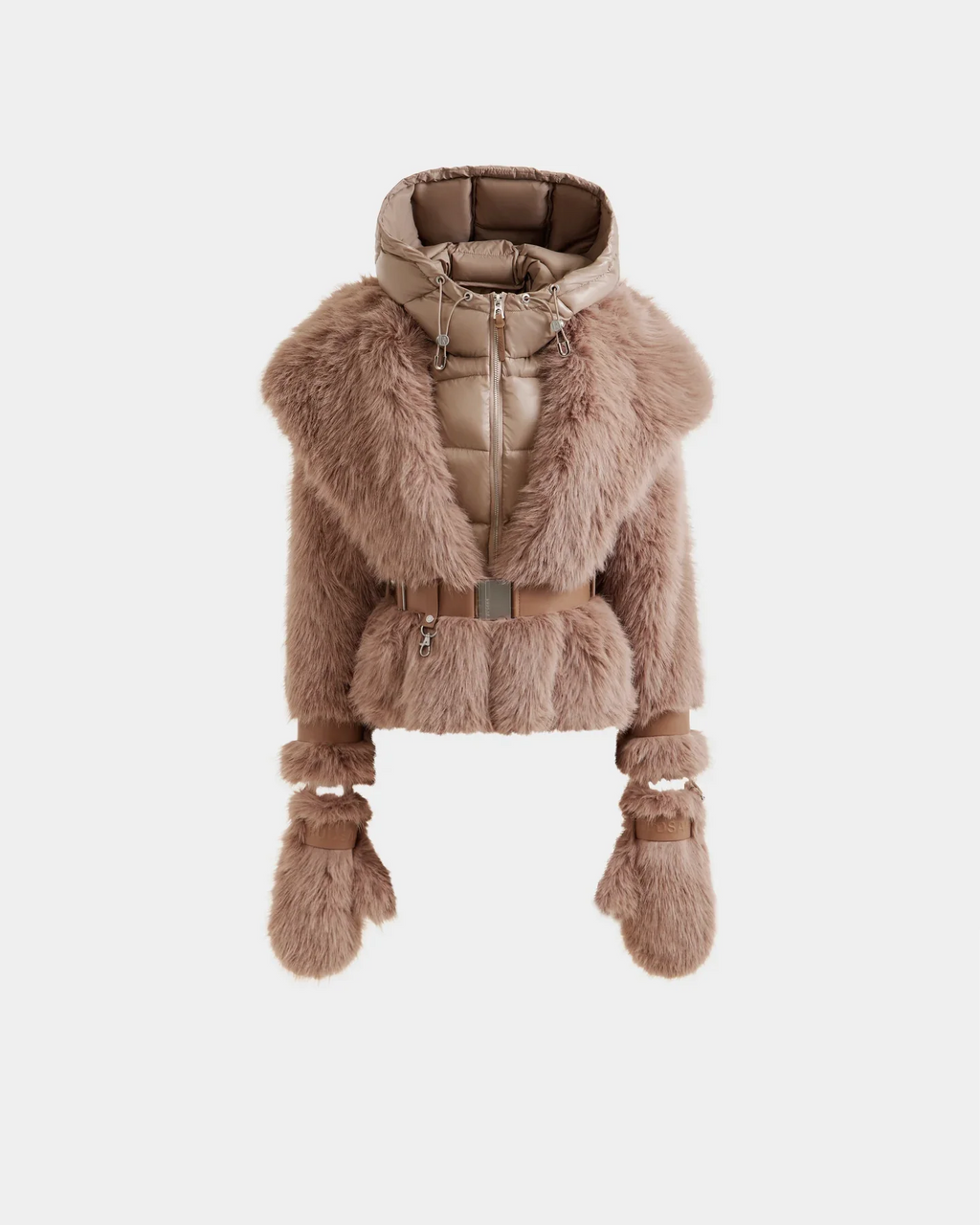 The Rudsak CHLOE - 8125619 Camel is a chic women’s light brown faux fur jacket with a matching belt, hood, and detachable fur-trimmed mittens—ideal for winter style, shown against a white background.
