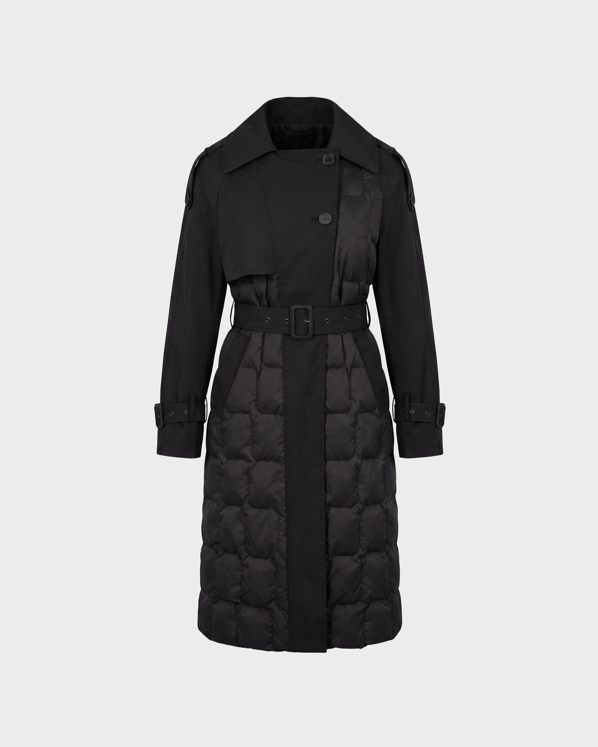 The Rudsak ELVIE - 8126512 Black is a long black trench coat featuring a quilted lower section, belted waist, button closures, and buckled strap cuffs, displayed on a plain light background.