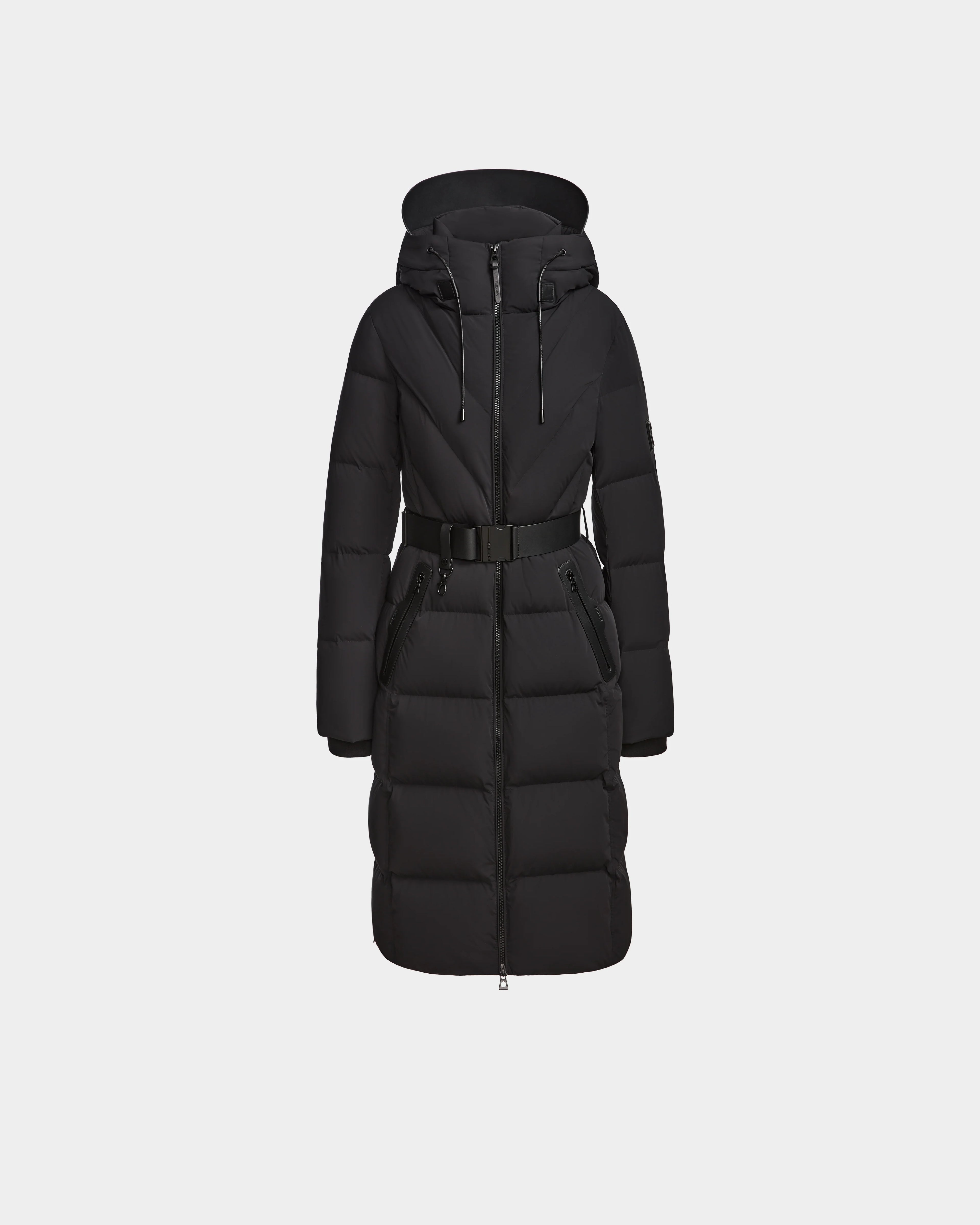 The Rudsak DALSA - 8124691 Black is a womens long-length down puffer coat with a hood, front zipper, adjustable drawstrings, belted waist, and quilted design—crafted with RDS-certified down and shown on a plain white background.