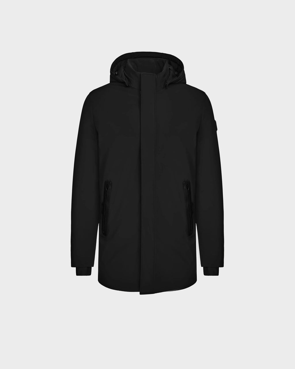The Rudsak NATAN - M124519 Black men’s parka features down fill, a hood, front zipper, and two zippered side pockets, shown against a plain light gray background.