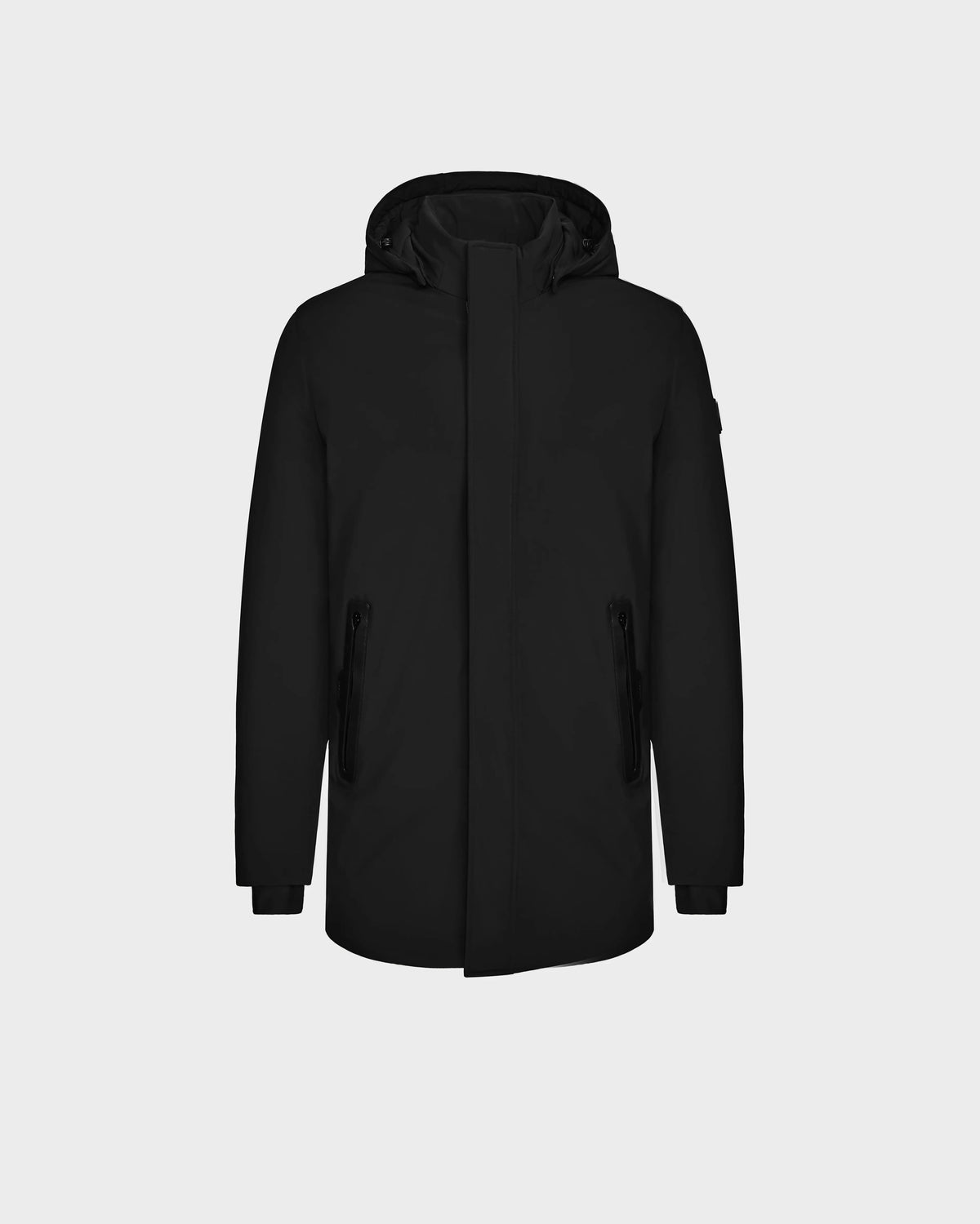 The Rudsak NATAN - M124519 Black men’s parka features down fill, a hood, front zipper, and two zippered side pockets, shown against a plain light gray background.