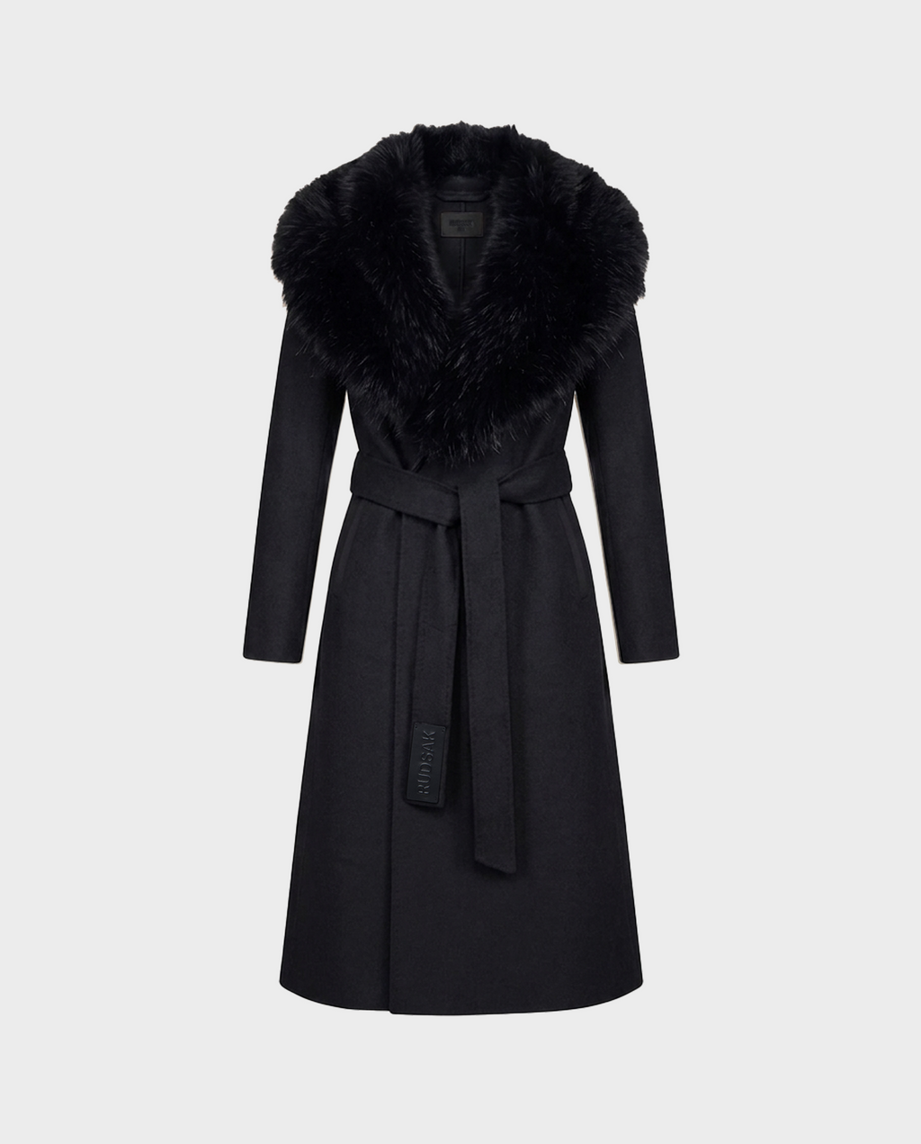 The CINDY - 8126526 Black coat by Rudsak is a long, black belted wool coat featuring a luxurious faux fur collar, shown against a plain light grey background. Expertly crafted from a soft cashmere blend, this coat offers a tailored fit and boasts a smooth, elegant finish.