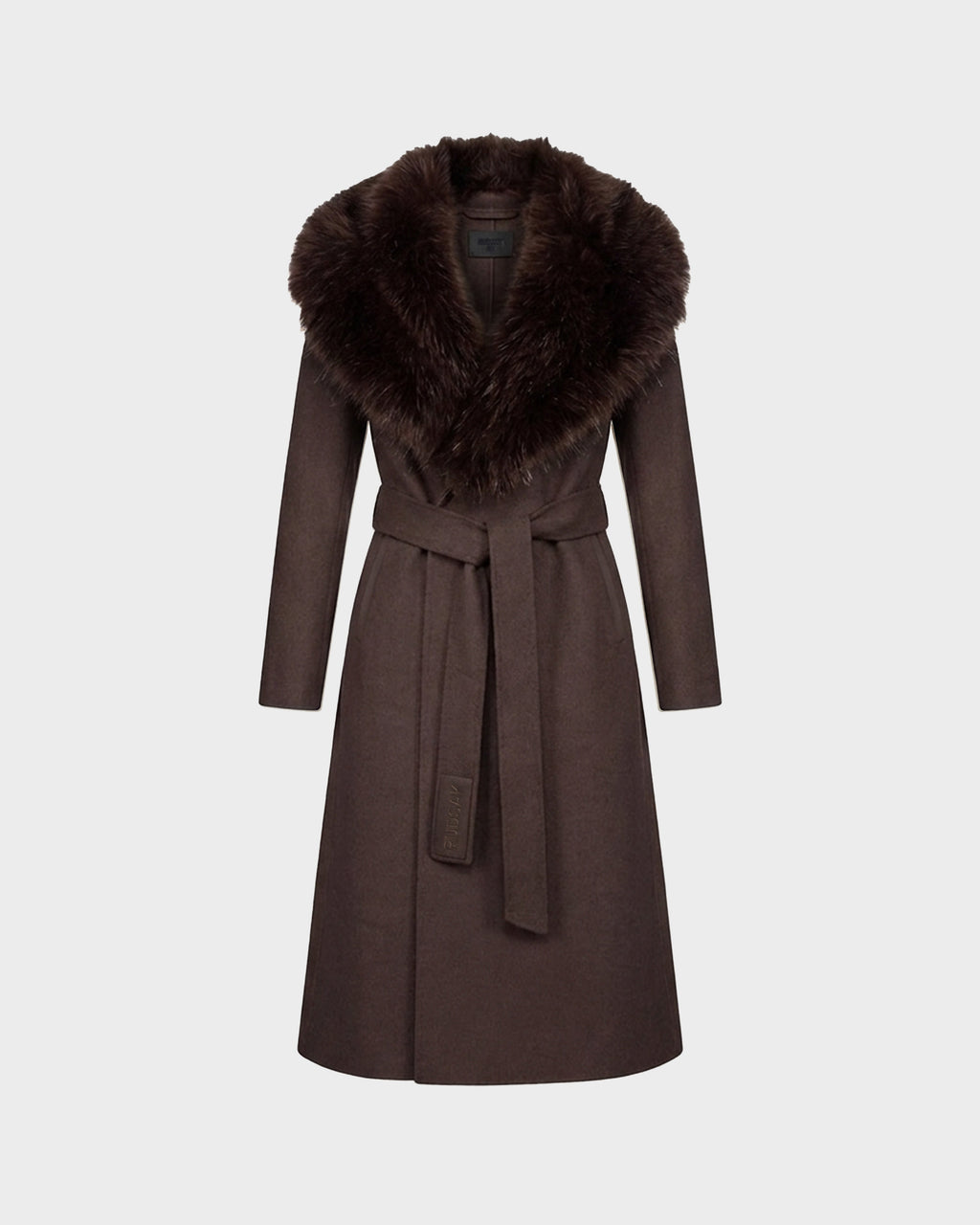 The CINDY - 8126526 Heather Cacao by Rudsak is a long brown wool coat featuring a wide faux fur collar and a matching belt tied at the waist, crafted from a luxurious cashmere blend, displayed on a plain light background.