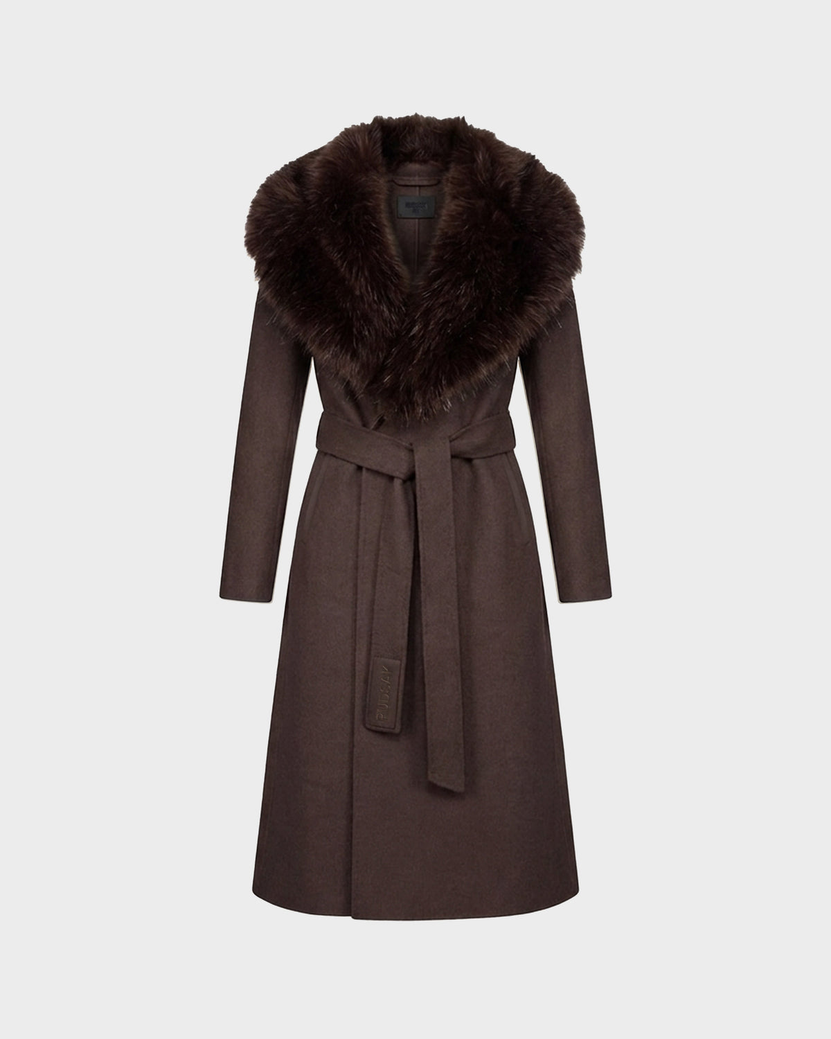 The CINDY - 8126526 Heather Cacao by Rudsak is a long brown wool coat featuring a wide faux fur collar and a matching belt tied at the waist, crafted from a luxurious cashmere blend, displayed on a plain light background.