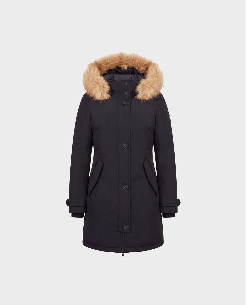 The Rudsak KEYSHIA - 8126517 Black insulated parka features a tan faux fur-lined hood, front button closure, and two side pockets, displayed on a plain white background.