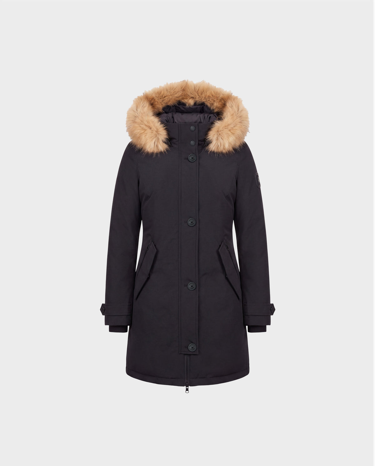 The Rudsak KEYSHIA - 8126517 Black insulated parka features a tan faux fur-lined hood, front button closure, and two side pockets, displayed on a plain white background.