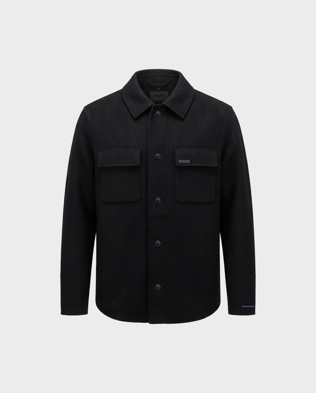 The Rudsak MACKENZIE - 6126715 Black wool blend shirt jacket features a classic collar, long sleeves, and two chest flap pockets, shown against a plain light gray background—making it the perfect men’s shirt jacket for transitional layering.