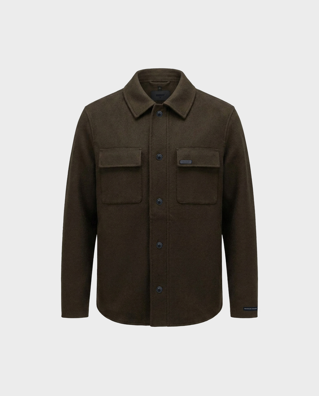 The MACKENZIE - 6126715 Olive by Rudsak is a men’s shirt jacket in an olive wool blend, featuring a collar and two chest pockets, shown against a plain light gray background—ideal for transitional layering.