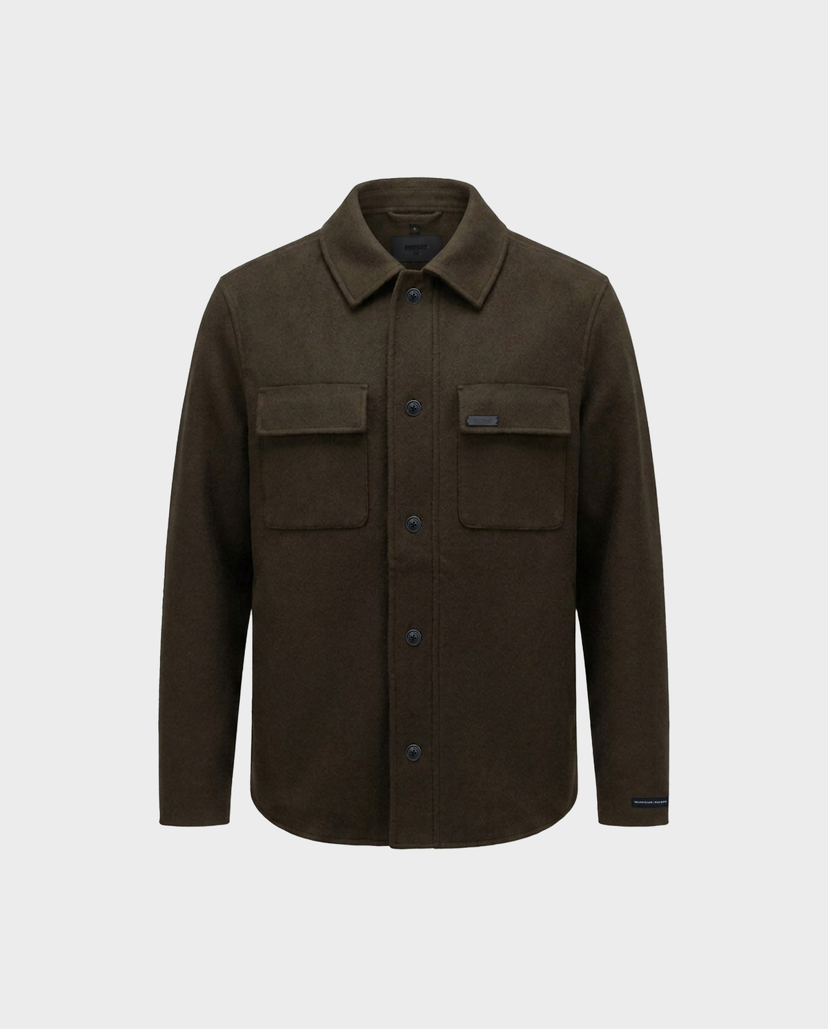 The MACKENZIE - 6126715 Olive by Rudsak is a men’s shirt jacket in an olive wool blend, featuring a collar and two chest pockets, shown against a plain light gray background—ideal for transitional layering.