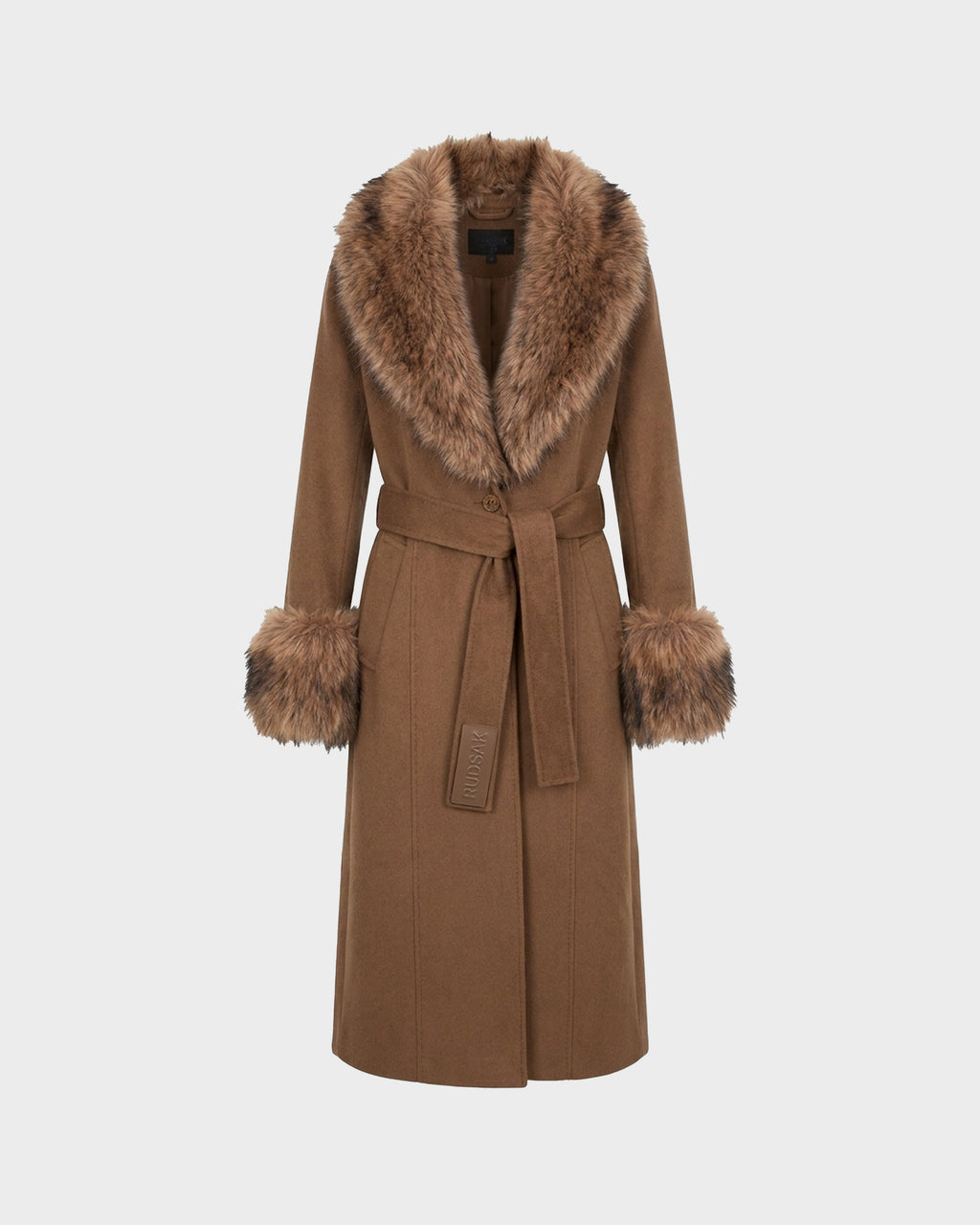 The Rudsak MARILLA WL - 8126737 Dark Caramel is a long brown wool coat with a wide faux fur collar and fur cuffs, finished with a matching fabric belt at the waist. Displayed against a plain light background, this tailored outerwear piece combines classic elegance and cozy details for timeless appeal.