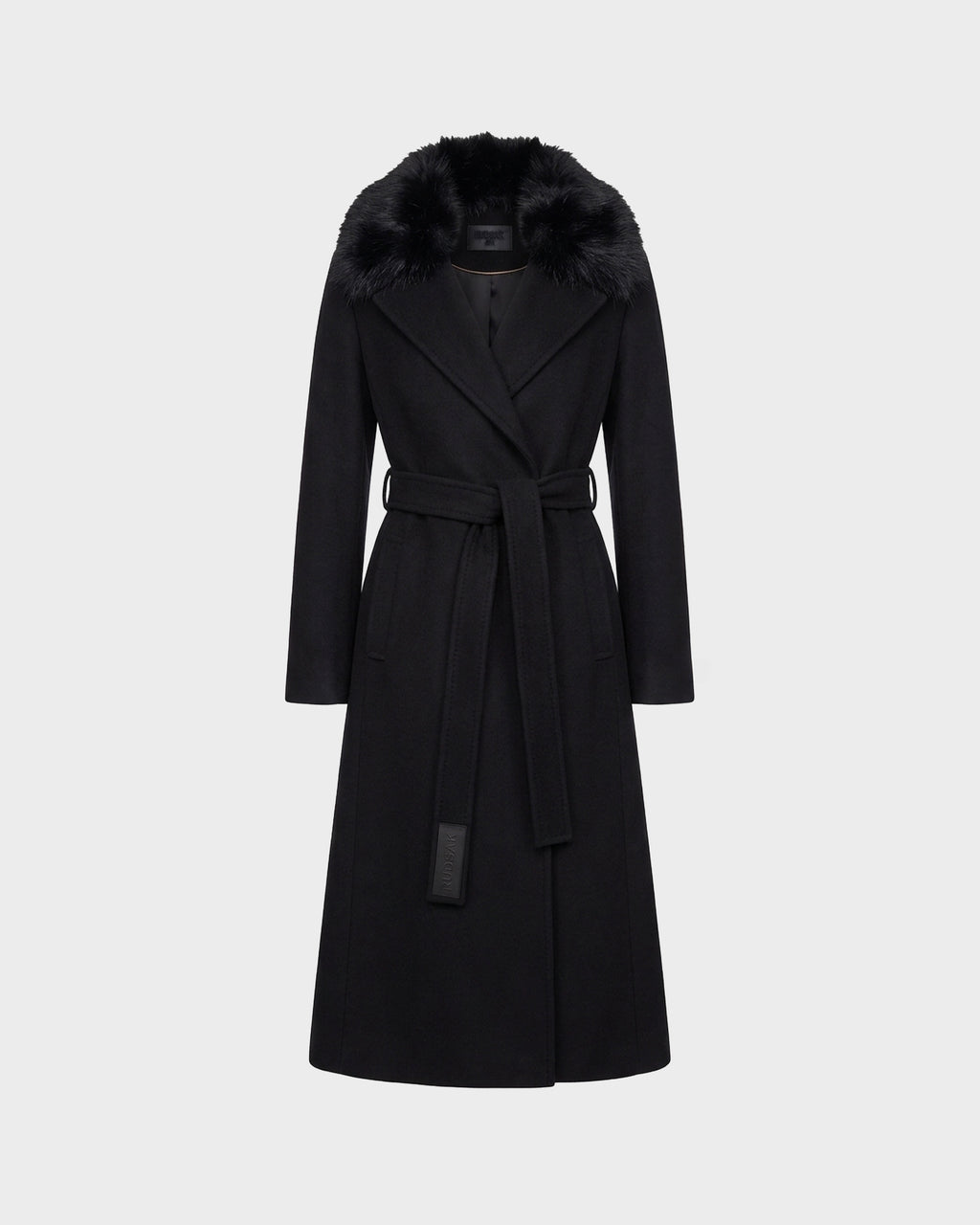 The Rudsak MEL - 8126525 Black is a long tailored wool coat in classic black, featuring a wide removable faux fur collar, long sleeves, belted waist, and two side pockets, displayed against a plain light gray background.