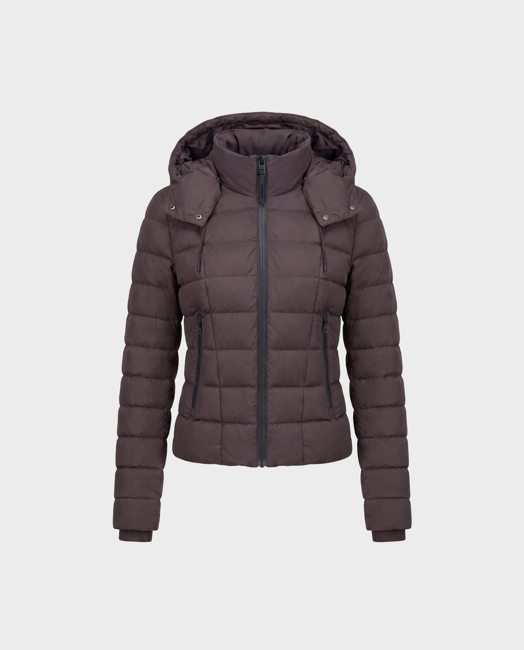 The MELISSA - 8124824 Espresso/Black by Rudsak is a women’s lightweight down puffer jacket in brown, featuring a hood, front zipper, and zippered side pockets. Displayed against a plain light gray background, this weatherproof down jacket offers both warmth and style for chilly days.