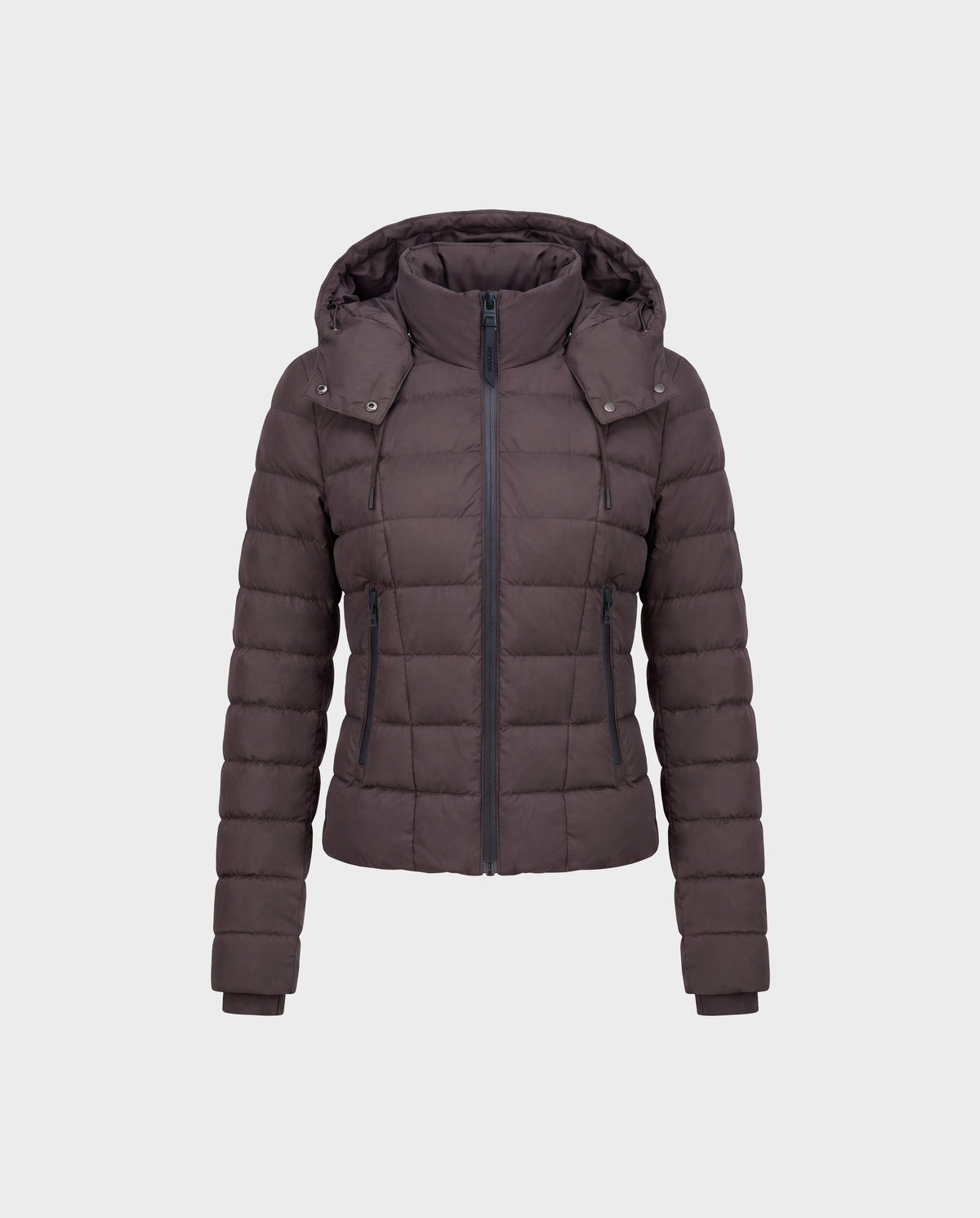 The MELISSA - 8124824 Espresso/Black by Rudsak is a women’s lightweight down puffer jacket in brown, featuring a hood, front zipper, and zippered side pockets. Displayed against a plain light gray background, this weatherproof down jacket offers both warmth and style for chilly days.