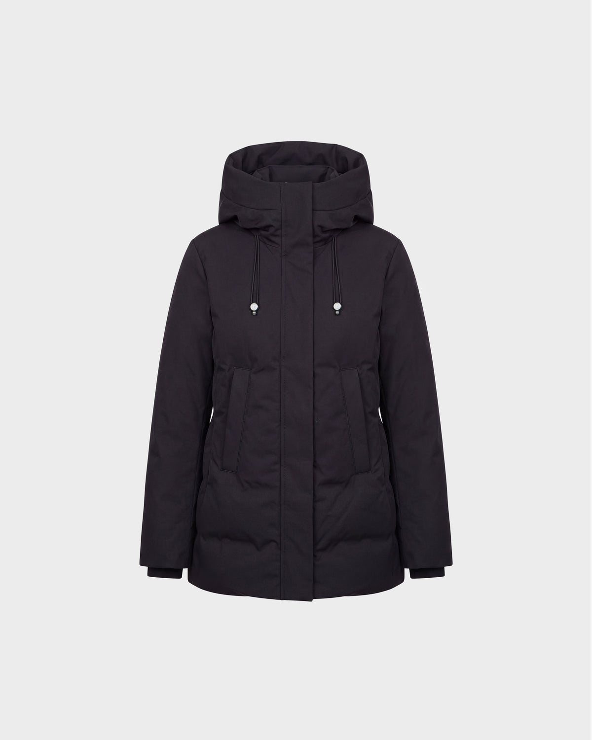 The Rudsak OPAL - 8126618 Black parka is a black winter jacket featuring a hood with adjustable drawstrings, front zipper closure, and two large side pockets. Insulated with RDS-certified down for superior warmth, it is displayed against a plain light grey background.