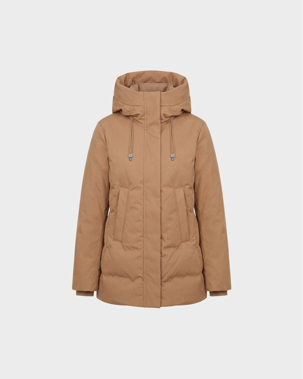 The OPAL - 8126618 Camel by Rudsak is a light brown hooded parka with front zipper, two large pockets, adjustable hood drawstrings, and RDS-certified down, shown against a plain white background.