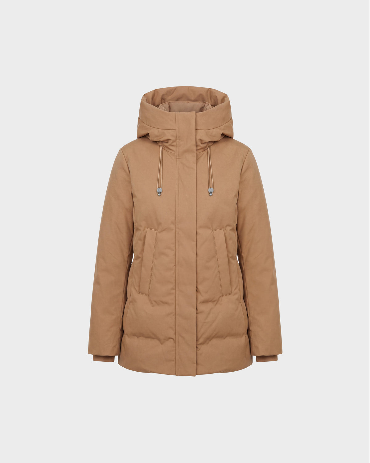 The OPAL - 8126618 Camel by Rudsak is a light brown hooded parka with front zipper, two large pockets, adjustable hood drawstrings, and RDS-certified down, shown against a plain white background.