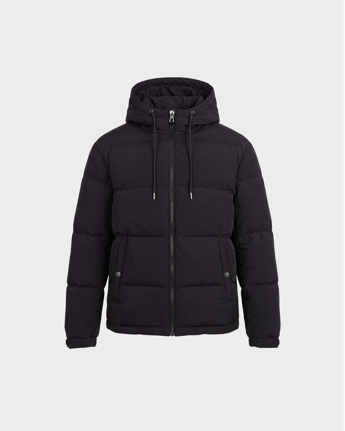 The STERLING EL - 6126759 Black puffer jacket by Rudsak features a hood with drawstrings, a front zipper closure, and side pockets. Its quilted design is showcased against a plain light gray background.