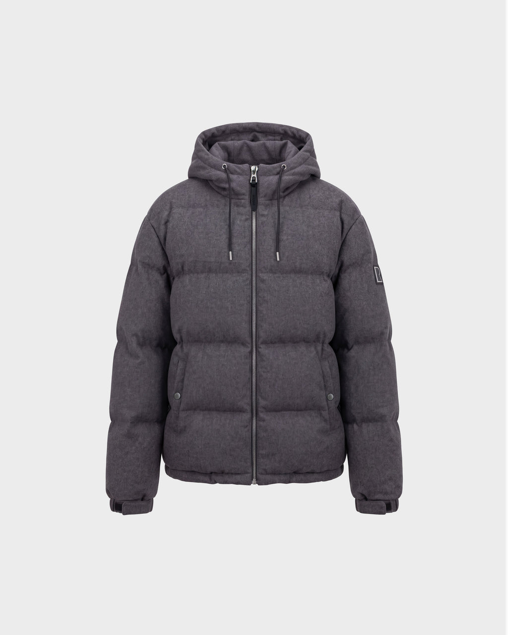The STERLING W - 6126760 Heather Charcoal jacket by Rudsak features a hood, front zipper, side pockets, and adjustable cuffs. It is displayed against a plain light gray background.