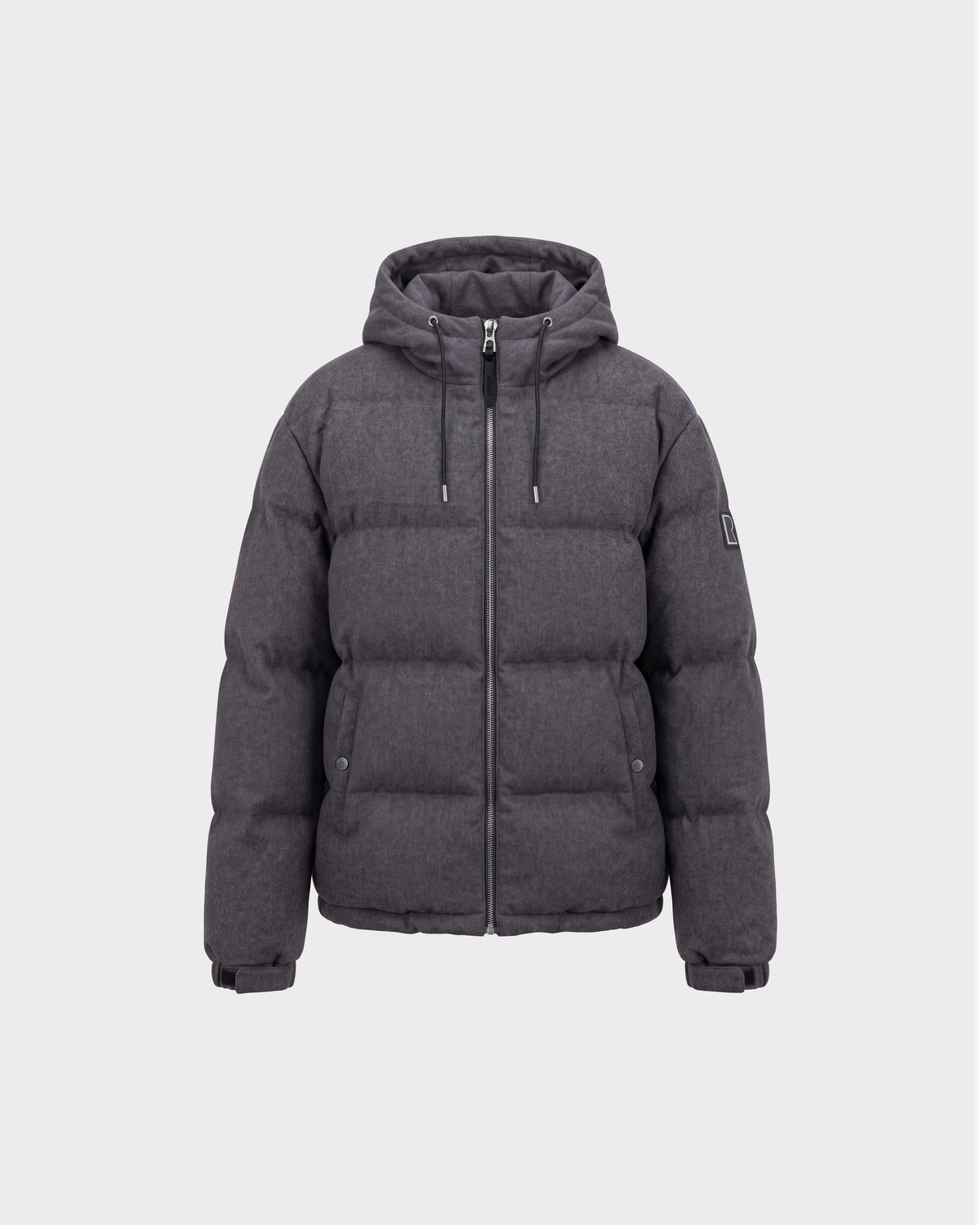 The STERLING W - 6126760 Heather Charcoal jacket by Rudsak features a hood, front zipper, side pockets, and adjustable cuffs. It is displayed against a plain light gray background.