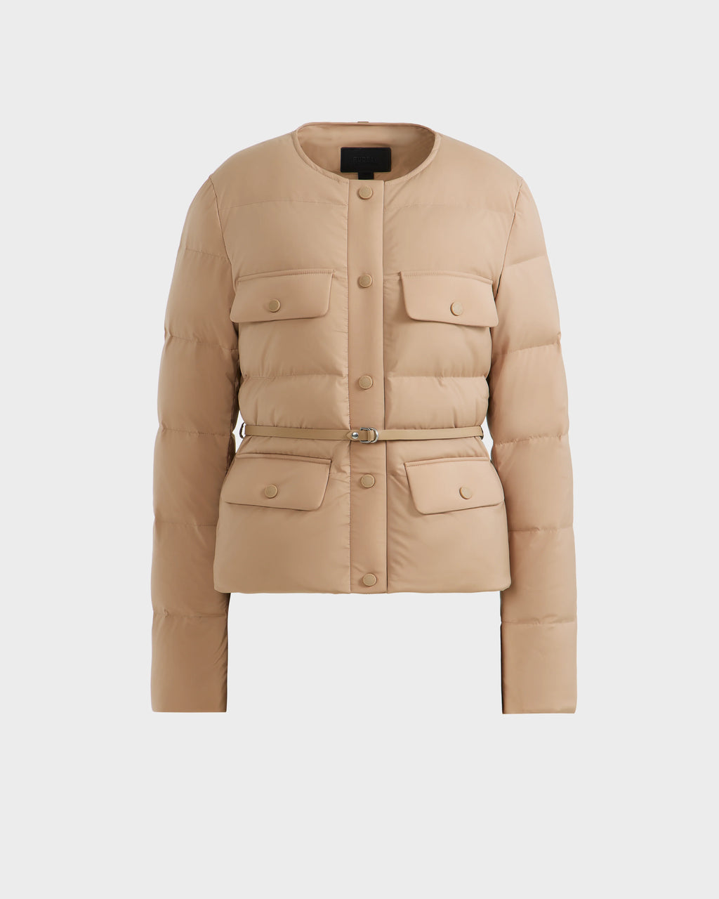 The FRANCESCA - 8125021 Almond by Rudsak is a beige quilted puffer jacket with a round collar, front buttons, RDS-certified down fill, chest and flap pockets, and a matching waist belt, shown on a plain white background.