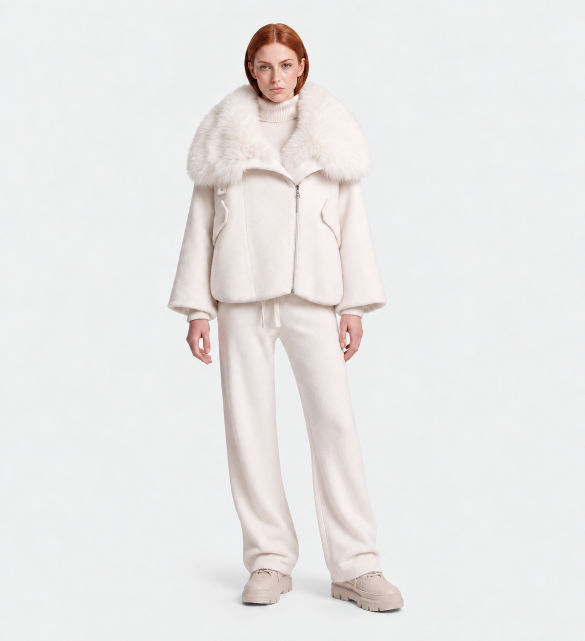 A person stands facing forward in the ZARIA - 8126999 Vanilla by Rudsak, a white puffer with a faux-fur collar, paired with a white turtleneck, matching pants, and beige shoes against a plain light background.