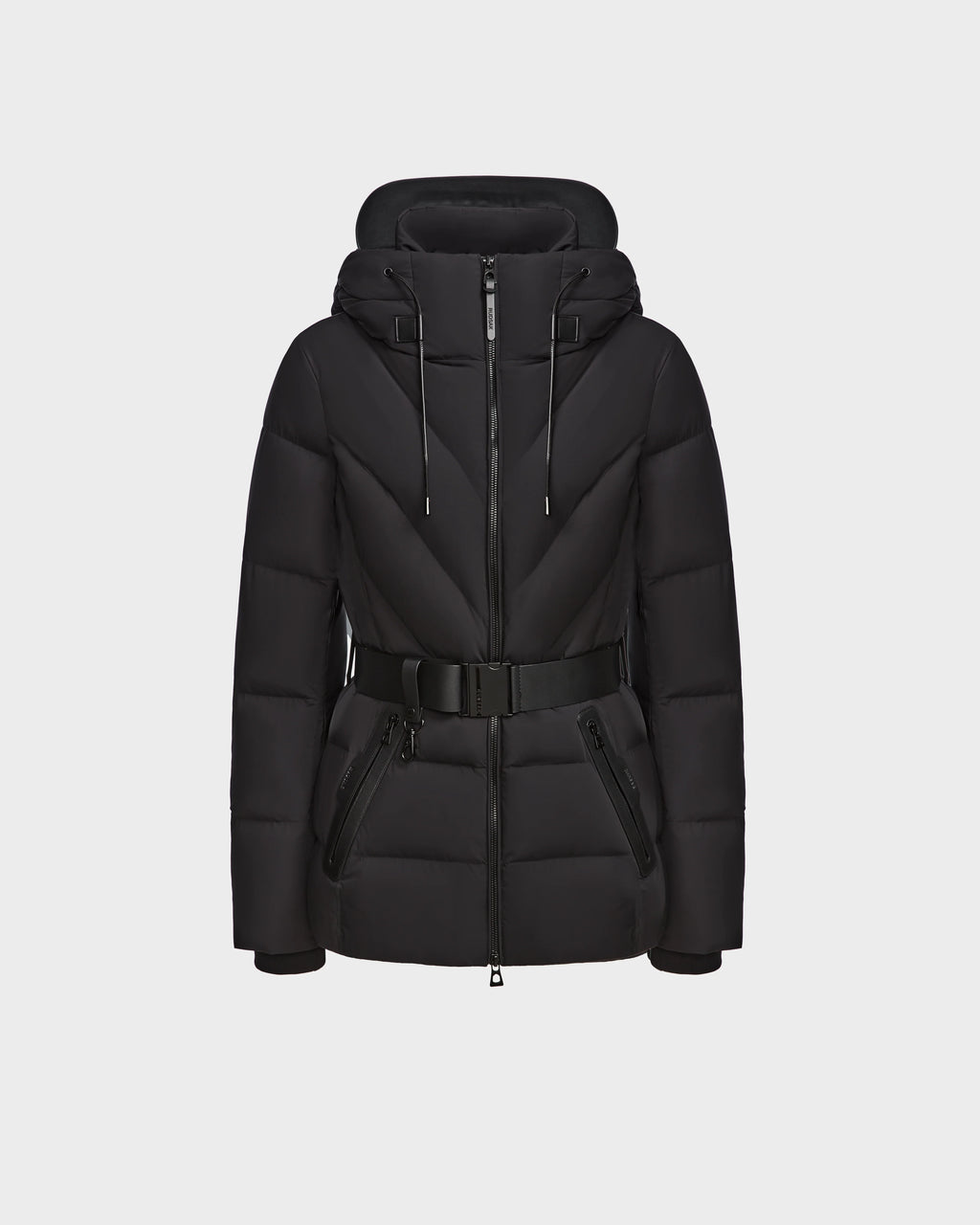 The Rudsak ENZAH - 8124692 Black is a womens hooded down puffer jacket with a belted waist, front zipper, and two zippered side pockets, made from RDS-certified down and shown on a white background.