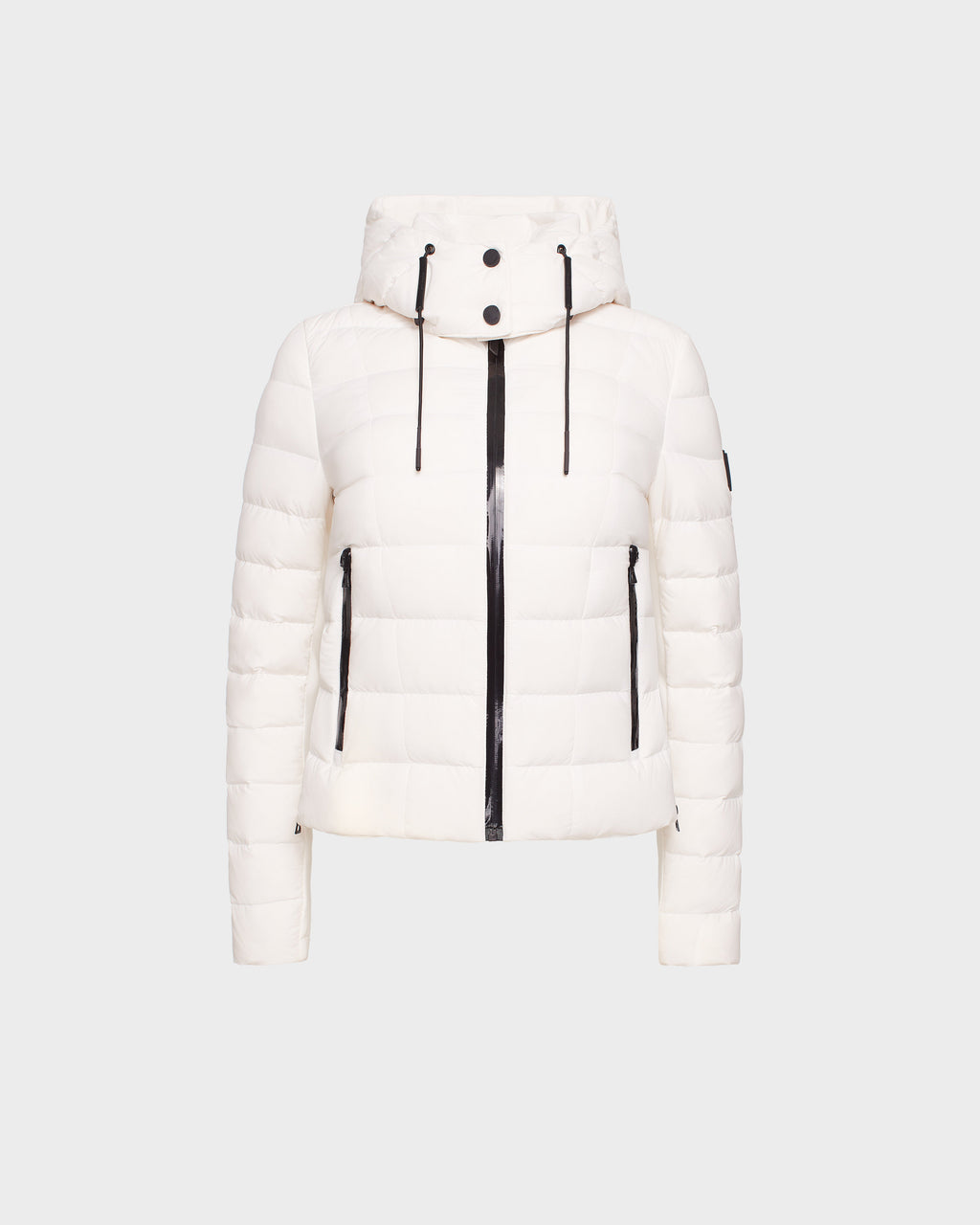 The Rudsak MELISSA - 8124031 Cotton White is a women’s quilted lightweight down puffer jacket with a hood, black zippers, and two front zip pockets, shown on a plain light gray background.